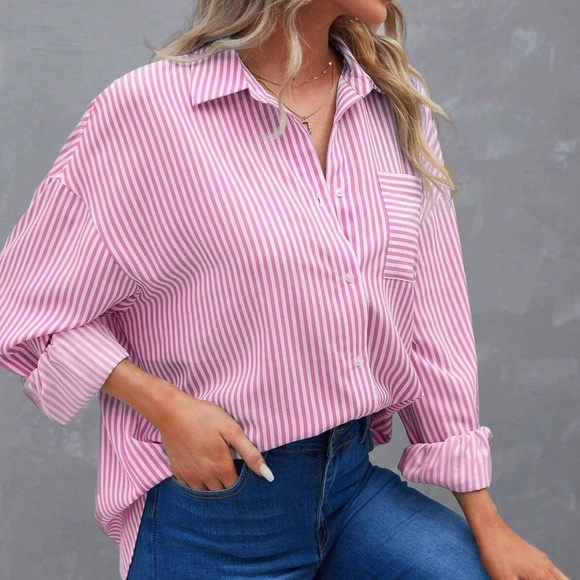 Classic Oversized Striped Button Down Boyfriend Shirt - Picture 7 of 8